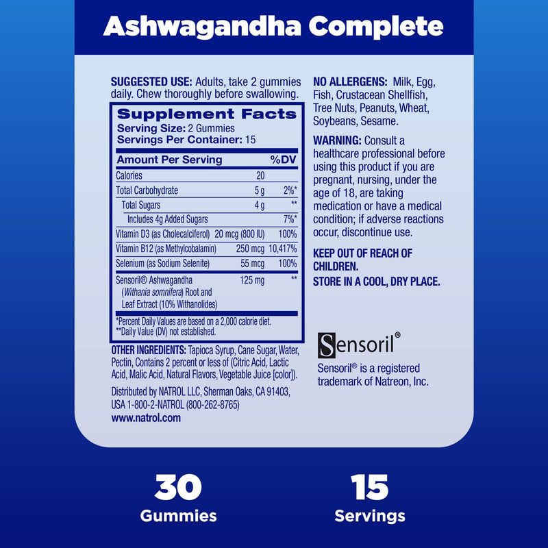 Natrol Ashwagandha Complete Gummy, 3-in-1 Daily Stress Support, Supports Better Mood, Reduces Occasional Stress and Fatigue, 30 Gummies, Up to a 15 Day Supply