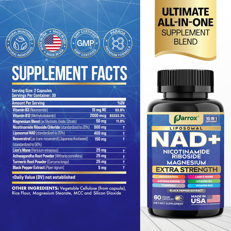 NAD+ Supplement, Liposomal Nicotinamide Riboside, 10-in-1 Strength, 3 Pack | Nicotinamide Riboside, Magnesium, Vitamins B3 & B12, Resveratrol, Turmeric, Ashwagandha & Lion's Mane 60 Count (Pack of 3)