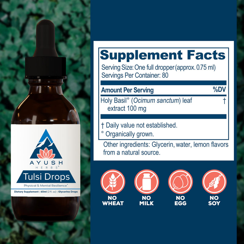 Ayush Herbs Tulsi Drops - Alcohol-Free Tulsi Drops, Holy Basil Gylcerite, Natural Immune-Support Drops for Kids & Adults, Calm & Focus Booster - 2 Fl Oz (80 Servings) - BeesActive Australia