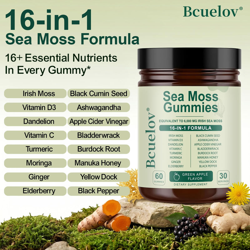 Sea Moss Gummies, 16-in-1 Blend with Ashwagandha, Black Seed Oil, Bladder Wrack, Turmeric, Vitamin C & D3, Manuka Honey, Burdock Root, Dandelion, Yellow Dock, Elderberry - Green Apple Flavor
