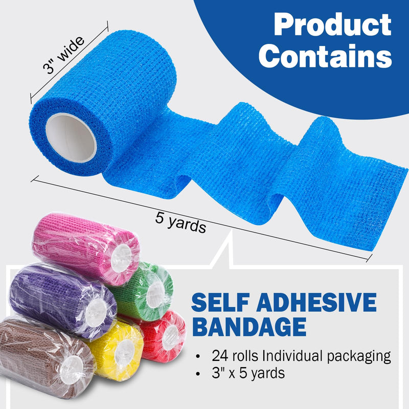 AZEN 24 Pack Self Adhesive Bandage Wrap, 3" X 5 Yards Elastic Cohesive Bandage Wrap, Color Athletic Tape, Vet Wrap, Ankle Tape, Tattoo Grip Tape Wrap D-24color 3 Inch - BeesActive Australia