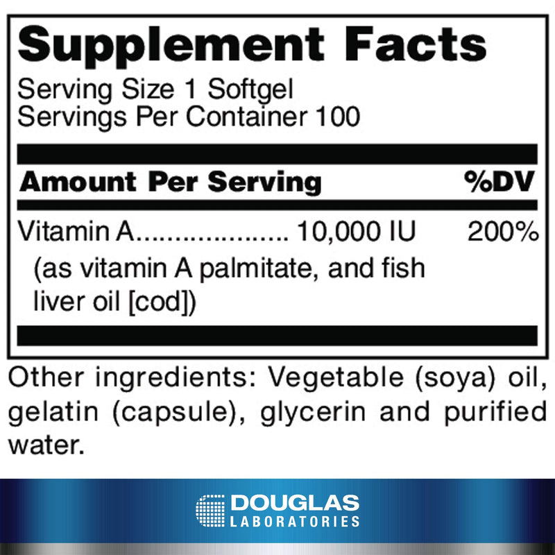Douglas Laboratories Vitamin A | 10,000 I.U. Vitamin A Derived from Fish Liver Oil | 100 Softgels | 10,000 I.U., Vitamin A Derived from Fish Liver Oil, General Health, Vitamins/Minerals/Amino Acids