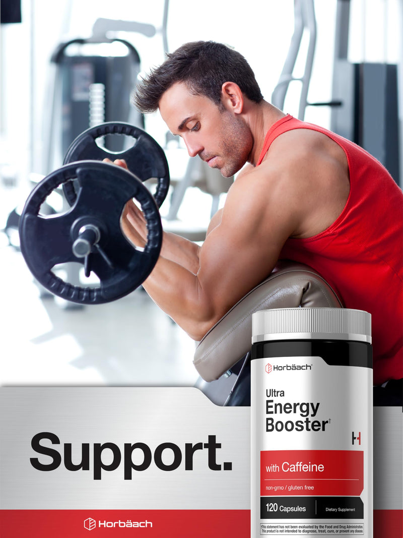 Horbäach Energy Supplement | 120 Capsules | with Caffeine, Ginseng & Vitamin B12 | Daily Energy Booster Pills | Non-GMO, Gluten Free