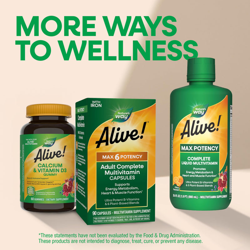 Nature's Way Alive! Max6 Potency Adult Complete Multivitamin, 90 ct | Iron, Antioxidant Vitamins A, C, E, B-Vitamins Including Methylated B12 & Folate, Energy Metabolism Support*, 90 Capsules 90 Count (Pack of 1)