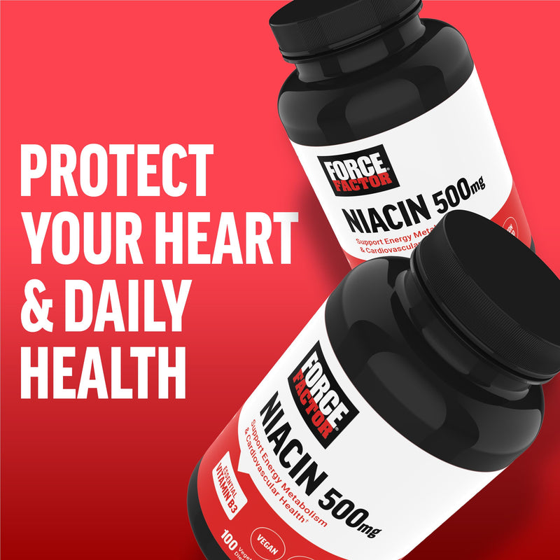 Force Factor Niacin Vitamin B3 to Support Cellular Energy & Heart Health | Niacin 500mg Heart-Health & Cardiovascular Health Supplement, Vegan, No Gelatin, Non-GMO, 100 Vegetable Capsules