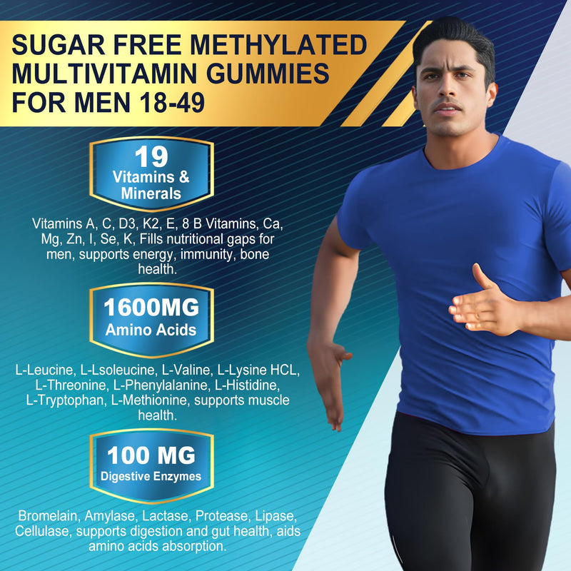 Methylated Multivitamin for Men Gummies with BCAA Amino Acids, Zinc, Biotin | Daily Vitamin A C D3 E K2 B Complex, Calcium, Lycopene, Digestive Enzymes - Energy, Immune, Muscle - Sugar Free Vegan, 120Cts 60 Count (Pack of 2)