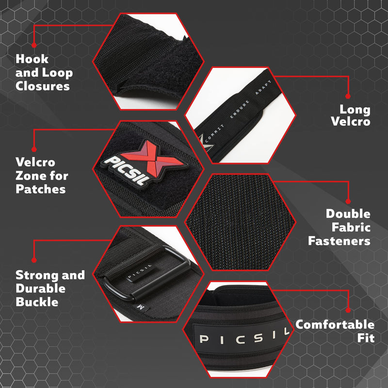 PICSIL - Weight Lifting Belt | Core & Back Support | Customizable with Patch Space | Ideal for Cross training, Squats & Barbell Exercises | Strength Belt for Women and Men | Size Small S Black