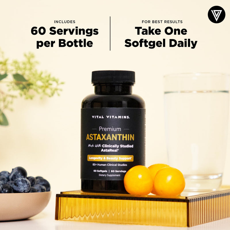 Vital Vitamins Astaxanthin 12mg Softgels for Skin Hydration & Elasticity | Natural Astaxanthin from Microalgae, Antioxidant Protection for Skin, Eyes & Exercise Recovery, Vegan, 60 Softgels