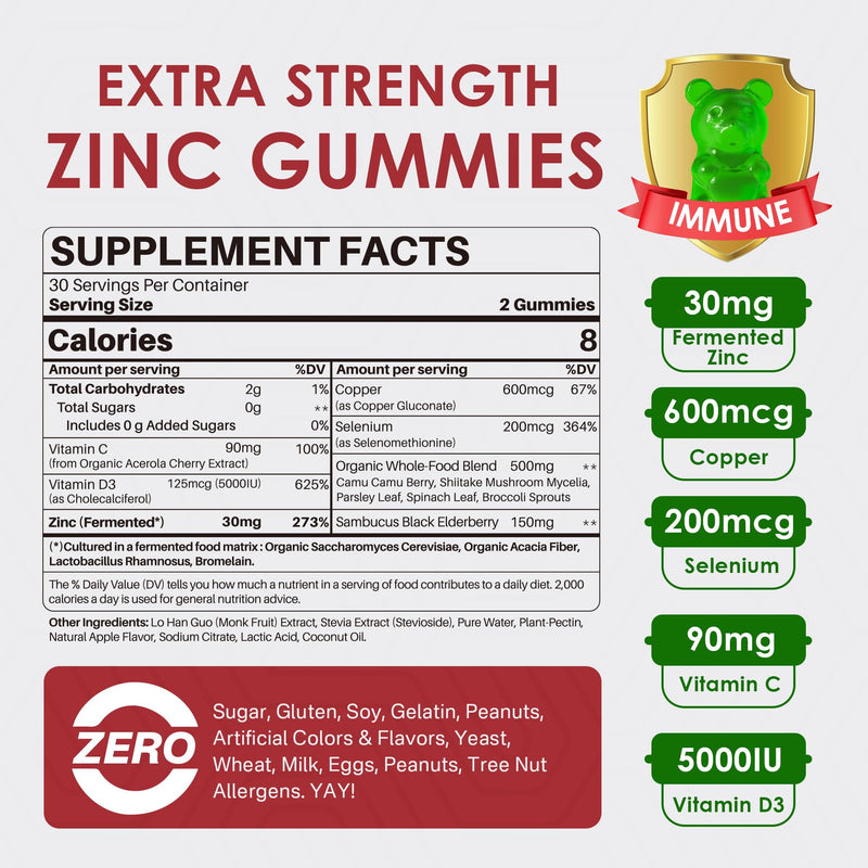 Fermented Zinc Gummies 30mg + Copper, Selenium, Vitamin C & D3, Sugar Free | Zinc Supplements for Women & Men - High Potency & Superior Absorption, Daily Immune Gummies & Whole-Food Blend, Vegan, 2 Pack 60 Count (Pack of 2)