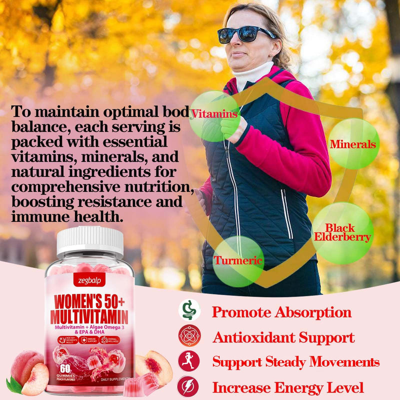 Womens Multivitamin 50 Plus Gummies - Methylated Multivitamins Gummy | with Vitamin A C D3 E K2, B Complex, Calcium, Magnesium, Zinc, Folate, Biotin - Multi Vitamins & Minerals - Sugar-Free Peach 60 Count (Pack of 2)