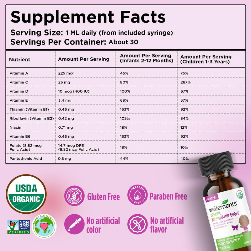 Organic Liquid Baby Multivitamin Drops Cherry Flavor (1 Fl Oz) 2 Months+ | Multivitamins Drops for Infants & Toddlers - Toddler Vitamins for Immune Support*, Healthy Growth & Bone Development*