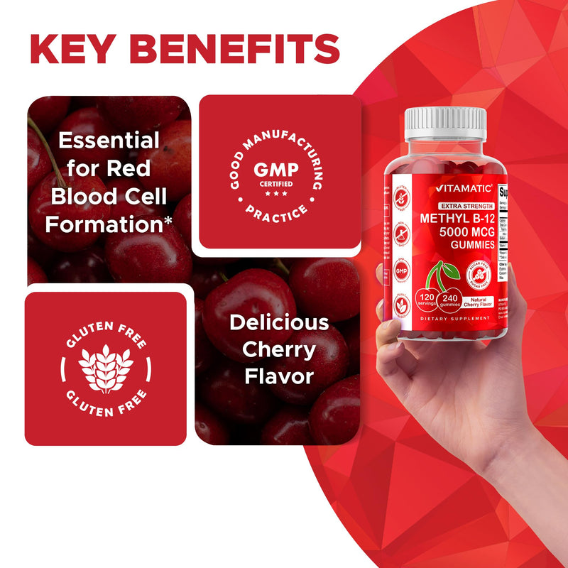 Vitamatic Extra Strength Vitamin B12 5000 mcg (Methyl B12) Gummies - 240 Count, Natural Cherry Flavored