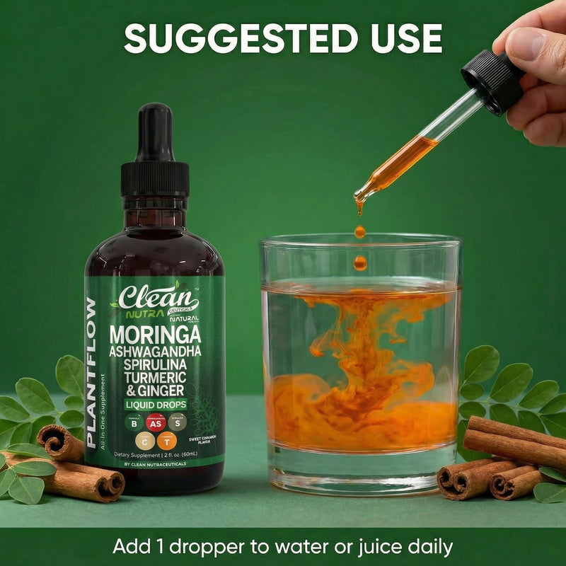 Clean Nutra Moringa Supplement Drops Ashwagandha Spirulina Chlorella Turmeric & Ginger Liquid Barley Grass with Chlorophyll Blue Green Algae Vitamin C Antioxidant Holy Basil Ceylon Cinnamon PlantFlow