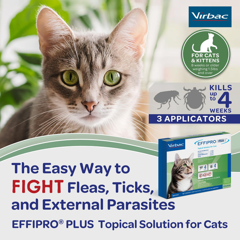 Virbac EFFIPRO Plus Topical Solution for Cats Over 1.5 lbs, 3 Month Supply, Non-Perishable