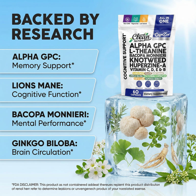 Alpha GPC 600mg Supplement | L Theanine Nootropic Brain Supplement with Bacopa Monnieri Lions Mane Resveratrol Ginkgo Biloba Huperzine A – Focus Memory Cognitive Support – 60 Vegetarian Capsules