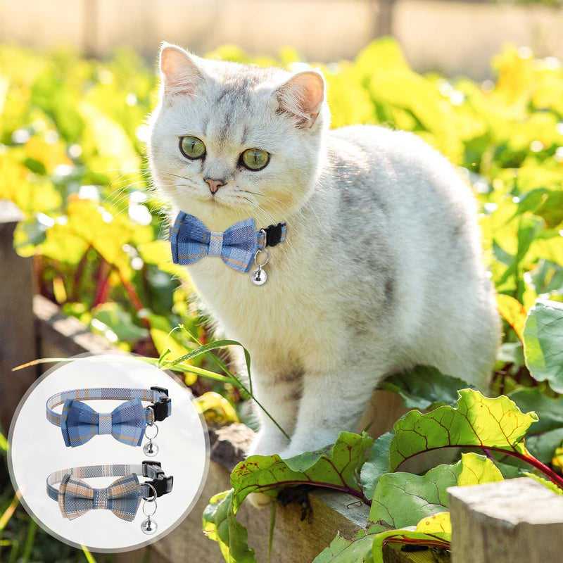 2PCS Blue and White Plaid Cat Collar with Bells, Cat Collar Breakaway Bowtie with Bells, Removable Bow Tie Collar, Adjustbale Kitten Puppy Solid Plaid Color Set, Cute Plaid Kitten Collar Bowtie - BeesActive Australia