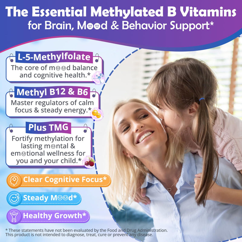 L-Methylfolate 1000mcg Methyl B12 Gummies, Omega-3 for Kids & Adults, 120Ct | Methylated Active 5-MTHF + Methyl B12, Choline TMG B6, DHA:EPA=3:1, Supports MTHFR Gene, Brain Energy Methylation, Sugar Free 60 Count (Pack of 2)
