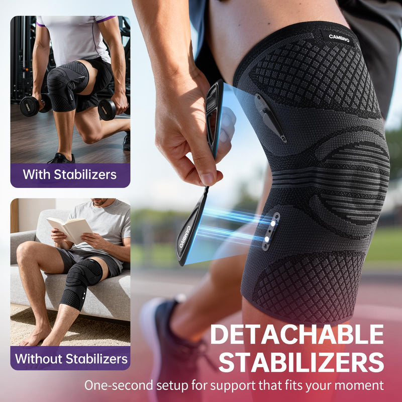 CAMBIVO Knee Support Brace with 2 Snap-on Detachable Stabilizers & Patella Gel Pads, Red Dot Awarded Compression Knee Sleeve for Meniscus Tear, ACL, Knee Pain Support, Running, Workout for Women & Men Black M