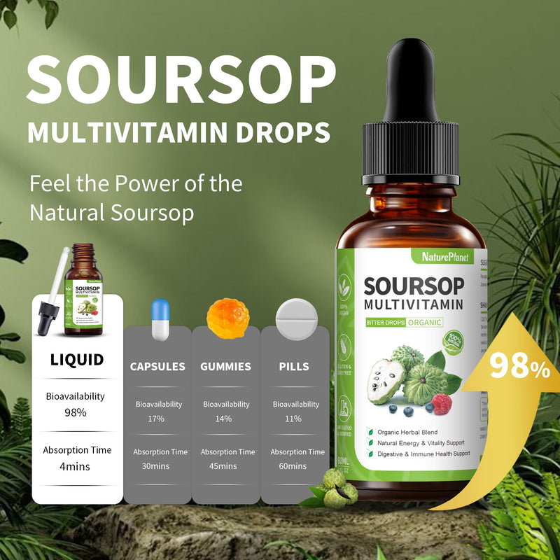 NaturePlanet Soursop Bitters Liquid 5000mg Immune Gut Support Vegan 4 Fl Oz | Soursop Multivitamin, 10 Herbal Bitters Blend, Soursop Extract, Digestive Health, Gluten-Free, Non-GMO, Nature's Heal