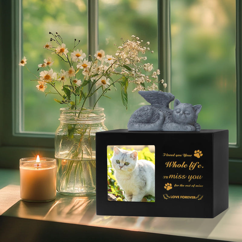 DiDiBirDi Animal urns for cats, pet cremation box, black cat urns made of wood for ashes, comes with a cat angel statue made of resin and a velvet bag for storing the ashes - BeesActive Australia