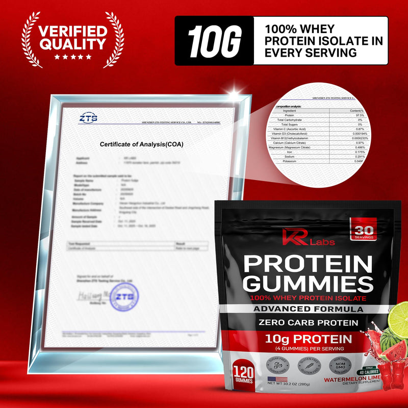 Whey Isolate Protein Gummies, 10g Protein, Watermelon Lime, 120 Ct | 10g Protein per Serving, 300g Total per Bag, 100% Whey Isolate, Gluten-free, Non-GMO, Vitamins Added, For Men & Women