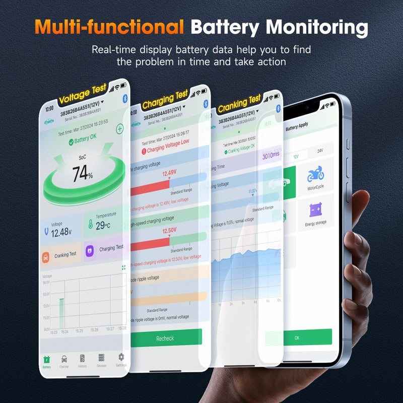 ANCEL BM300 Pro Battery Monitor - 6V/12V/24V Universal with Bluetooth 5.3 & Reinforced Design, Charging & Cranking Tests, Real-Time Alerts for Lead-Acid & Lithium Batteries in RV, Truck, Marine & More Orange