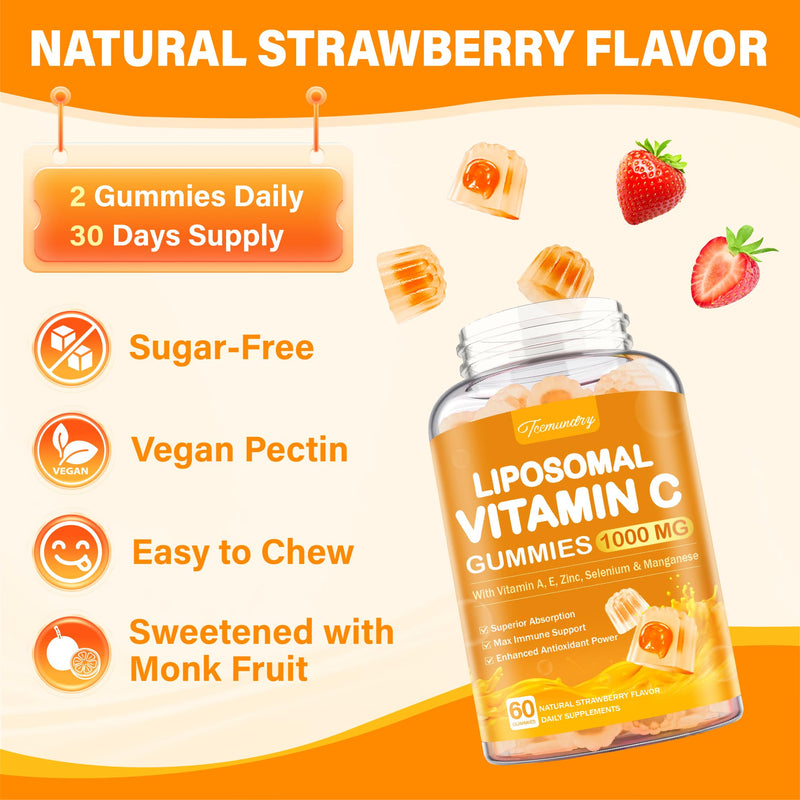 Liposomal Vitamin C Gummies 1000mg for Adults | Chewable Vitamin C Gummy, With Zinc, Elderberry, Vitamins A & E, 120 Gummies Strawberry 60 Count (Pack of 2)