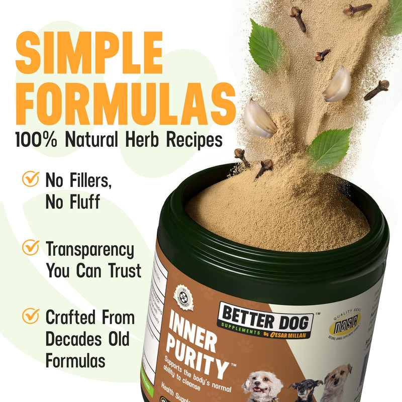 Better Dog Supplements by Cesar Millan® Inner Purity – Natural Digestive, Dewormer & Gut Health Powder for Dogs – Internal Cleanliness, Detox & Bowel Movement Support – 3.4oz, (60-Day Supply)