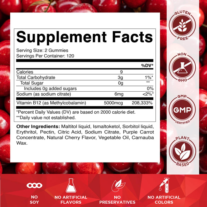 Vitamatic Extra Strength Vitamin B12 5000 mcg (Methyl B12) Gummies - 240 Count, Natural Cherry Flavored