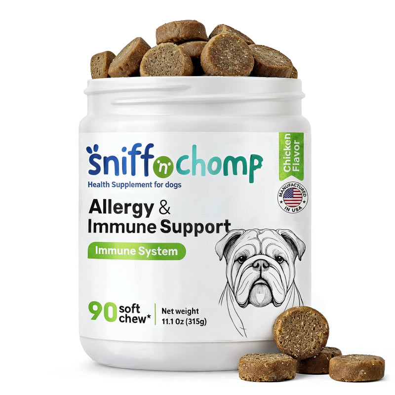 SNIFF N CHOMP Dog Allergy Chews, Chicken Flavor, Probiotics for Dogs with Quercetin Omega 3 Zinc, Seasonal Allergy Relief, Immune Support Soft Chews, Probióticos para Perros | 90 Soft Chews