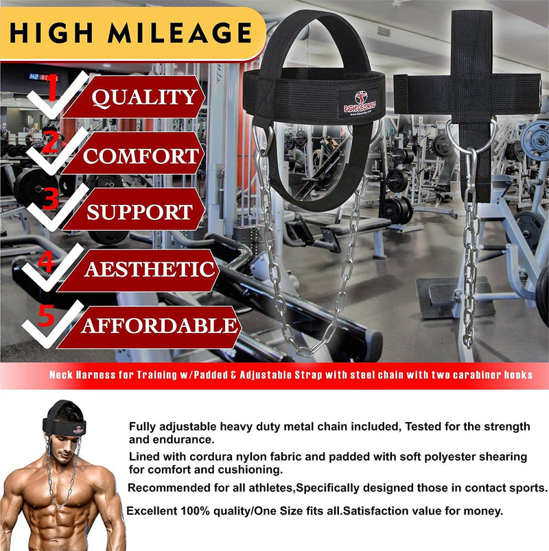 Fightsense Neck Harness Adjustable Padded Strap with Steel Chain, Weight Lifting Head Harness for Neck Exercise in Home & Gym Black S