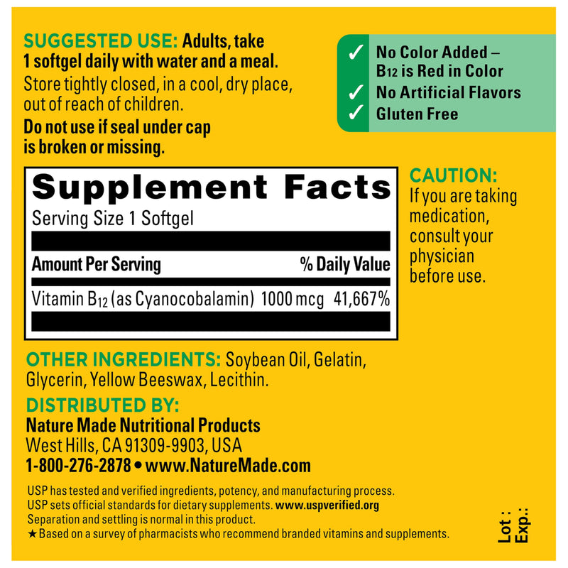 Nature Made Vitamin B12 1000 mcg, Energy Metabolism Support, 90 Softgels | B12 Vitamins 1000 mcg, Energy Metabolism Support Supplement for Women and Men, Gluten Free, 90 Day Supply 90 Count (Pack of 1)