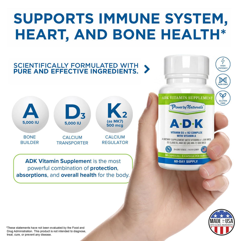 Power By Naturals ADK Vitamin Supplement - Vitamins A, D3 & K2 MK-7 | Vitamins D3 5000 IU & K2 MK-7 for Bone Health & Immune Support - Calcium Absorption - Gluten-Free, Soy-Free - 60ct (2-Month) 1