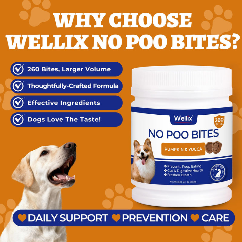 Wellix 260g No Poo Chews for Dogs - Stool Eating Deterrent for Dogs Coprophagia Relief with Probiotics Digestive & Gut Health - Support Breath Freshener & Immune System, Chicken & Pumpkin Flavor