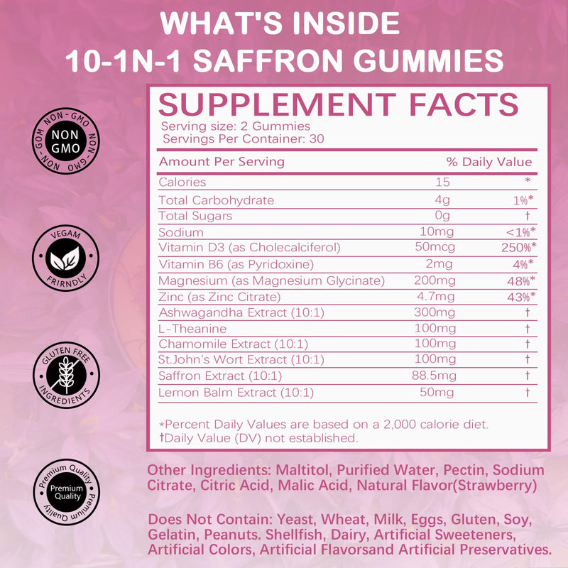 Saffron Supplements Gummies for Kids & Adults,Sugar Free, | with Ashwagandha,L-Theanine,Chamomile,St. John's Wort,Lemon Balm,Vitamin D3 B6, Magnesium for Zzz, Mood, Focus & Vision