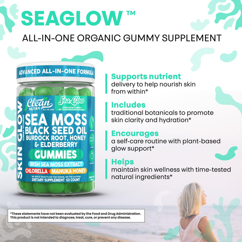 Clean Nutra Sea Moss Gummies Black Seed Oil Chlorella Ashwagandha Root Hair Growth Skin Glow Irish Sea Moss Elderberry Burdock Manuka Honey Trace Minerals Detox 60 Gummy Vitamins Sea Glow Supplement