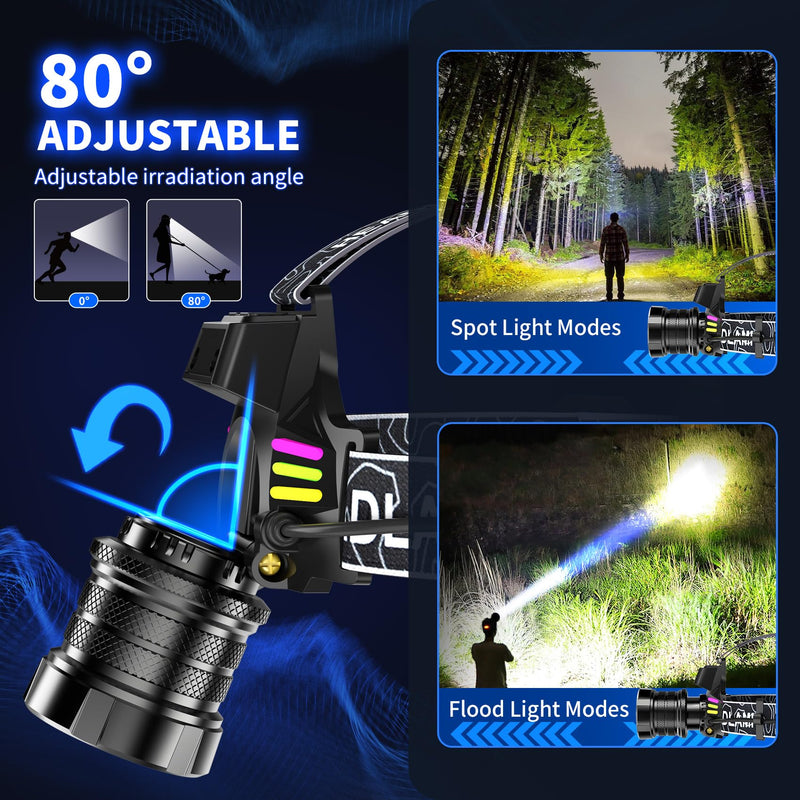 Rechargeable Headlamp 2 Pack, 3500 Lumens Bright Headlight for Adults with 7 Modes, Motion Sensor & Digital Display Waterproof for Camping, Hiking, Running, Luminous Strip Black - BeesActive Australia