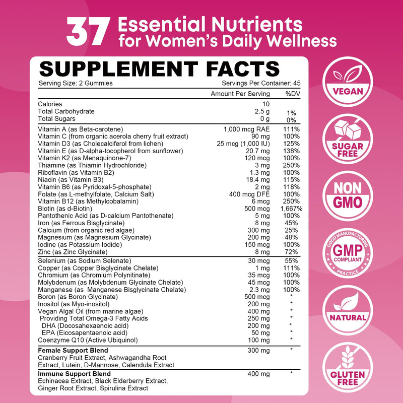 90 Count Womens Multivitamin Gummy, Methylated Multivitamin for Women with Iron, Biotin, Vitamins A, C, E, D3, K2 and B Complex for Beauty, Immune, Hair & Skin, Vegan, Sugar Free, Mixed Berry Flavor 90 Count (Pack of 1)