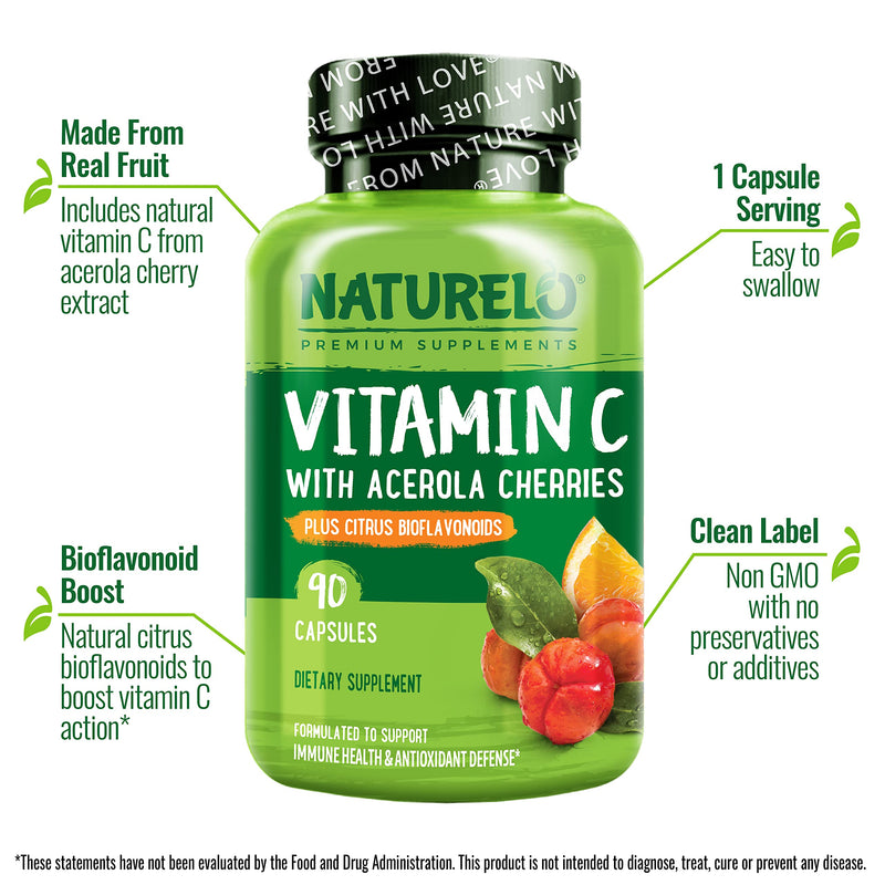 NATURELO Vitamin C 500 mg, Immune Support, Vegan, 180 Capsules | Organic acerola cherry extract, citrus bioflavonoids, Non-GMO, 500 mg VIT C per Cap 180 Count (Pack of 1)