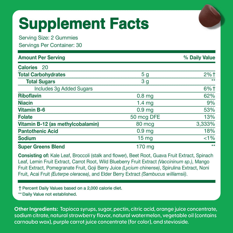 Feel Great Super Green Gummies for Kids | Fruit and Vegetable Gummies | Vegan Veggie Gummy Multivitamin for Kids | Veggie Fiber Supplement | 60 Count | Kale, Broccoli & Veggie Blend, Natural Fiber, Watermelon Flavor, Immune Support Gummy for Kids