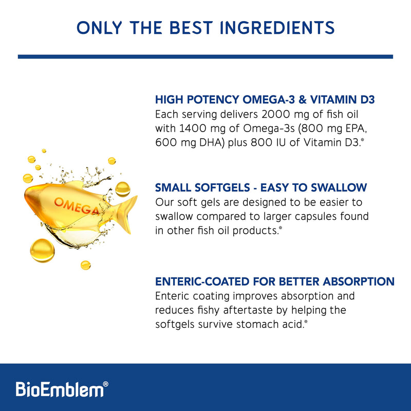 BioEmblem Omega-3 Fish Oil 2000mg Per Serving with Vitamin D3-240 Ct | Small Size Softgels, 1400mg Omega-3, 800mg EPA & 600mg DHA, High Absorption For Heart, Brain - Sustainably Sourced, Non-GMO 240 Count (Pack of 1)