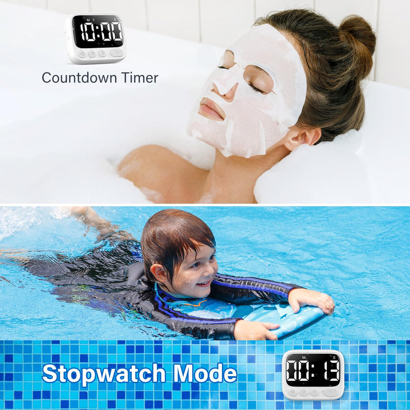HAUKINIX Shower Timer Waterproof Bathroom Toilet Timer Digital Kitchen for Wall Mount, Study w/Foldable Stand, Countdown Stopwatch w/Suction Cup for Swim, Rechargeable, 2 Pack White - BeesActive Australia
