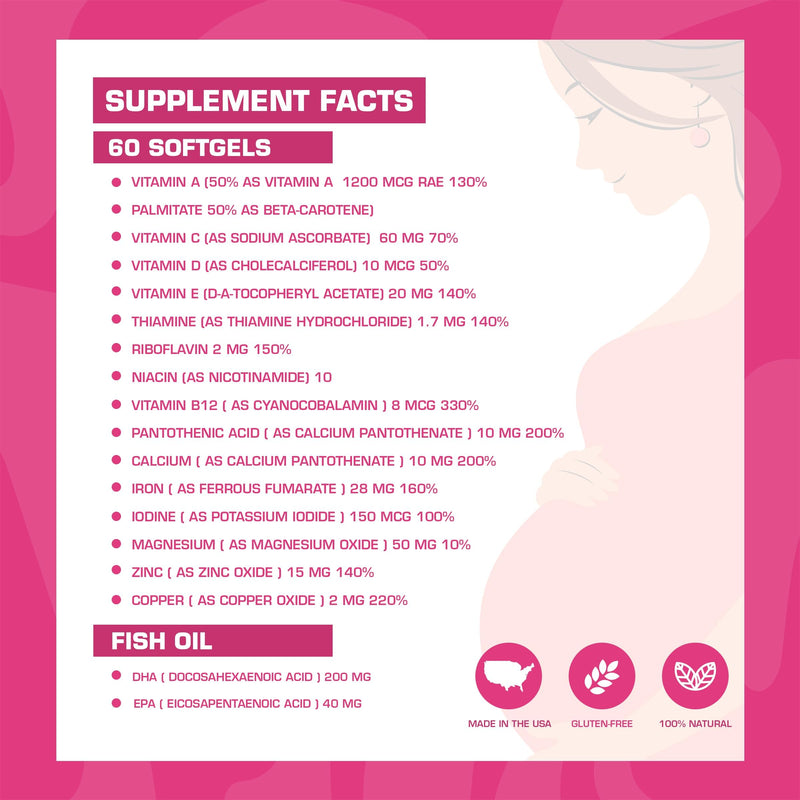 Pregnaforte 1 a day Prenatal vitamins for women 2 month: Folic acid, Fish Oil Omega 3 DHA/EPA, Vitamin D3, B6, Vitmain B12, C, E, Calcium, Iron, Magnesium, Zinc supplement FSA HSA eligble multivitamin