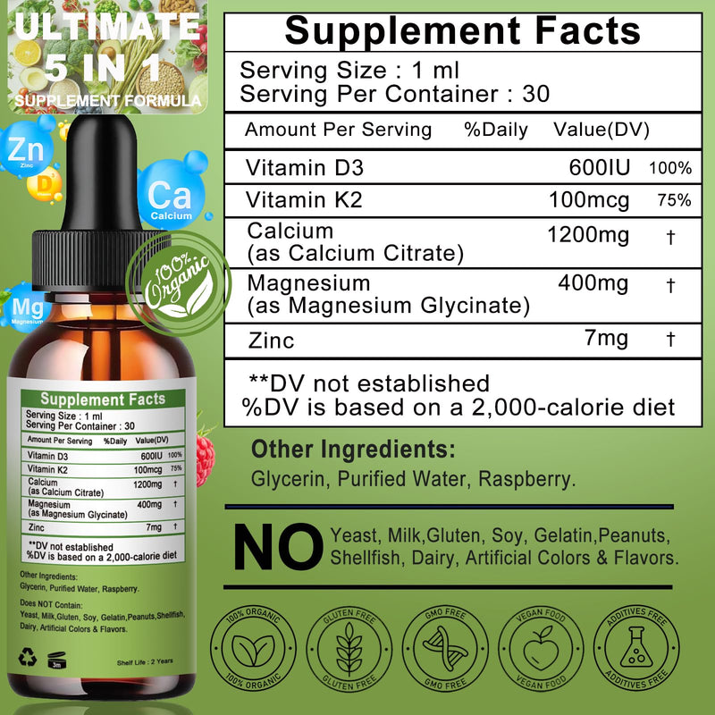 Calcium Magnesium Zinc Drops, 1200mg Calcium with Vitamin D3 K2 Magnesium for Bone,Teeth,Colon,Cardiovascular Health, High Absorption Liquid Calcium Supplement, Gluten Free,Non GMO
