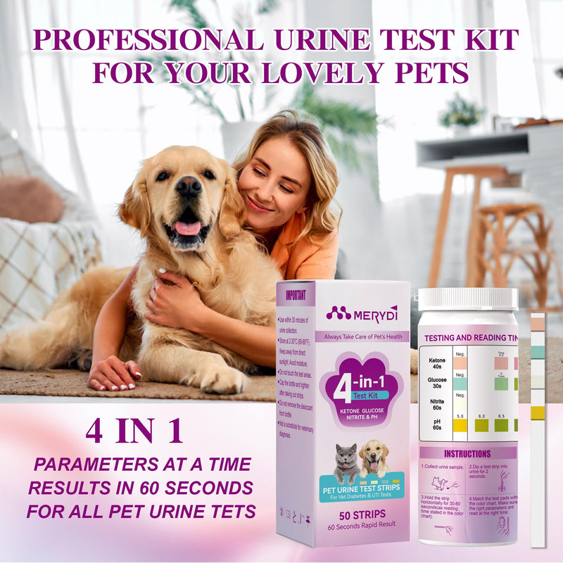 Dog & Cat Urine Test Strips, 4-in-1 Pet Urinalysis Testing Kit for Ketone, Glucose, pH and Nitrite, Reagent Strips for Vet Diabetes,UTI Monitor, 50ct Urine Test Kit Easy to Use at Home 4in1