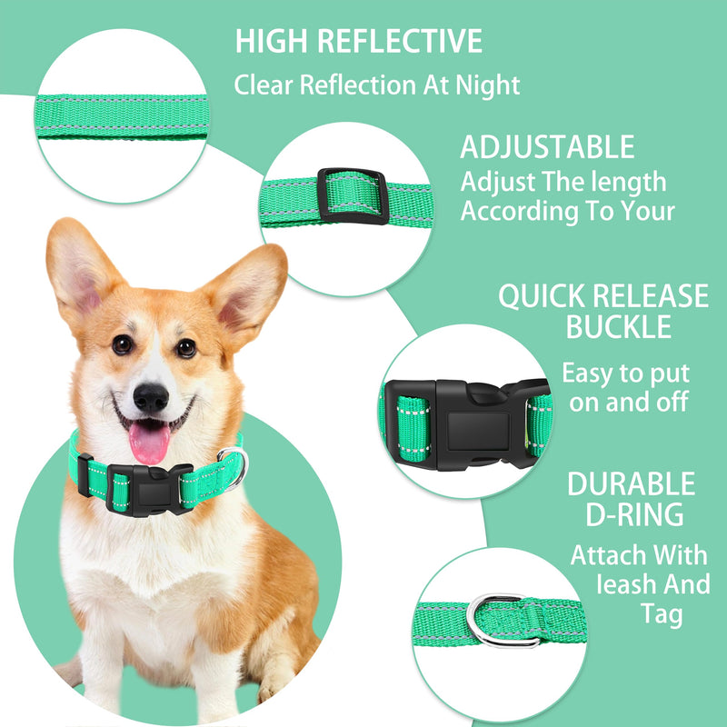 Reflective Dog Collar with Safety Locking Buckle, Adjustable Soft Breathable Nylon Collars for Small, Medium and Large Dogs(Collar+Leash XS Width 5/8" Turquoise) X-Small (Width 5/8") - BeesActive Australia