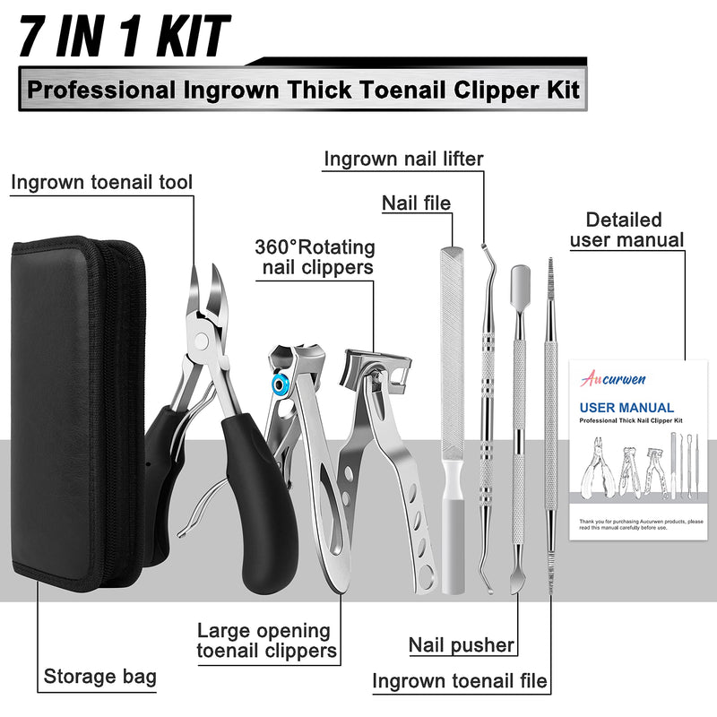 Toenail Clippers for Seniors Thick Toenails, Aucurwen Heavy Duty Toe Nail Clippers Adult Thick Nails Long Handle, Large Toenail Clippers for Thick Nails 7Pcs Black - BeesActive Australia