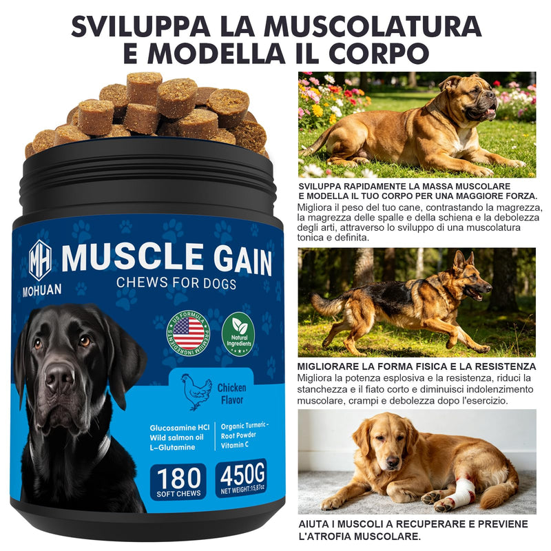 11-in-1 Muscle Gain Chews for Dogs - Natural Collagen & Amino Acids - High Protein Muscle Builder & Multivitamin Soft Chews - Chicken 180 Chews