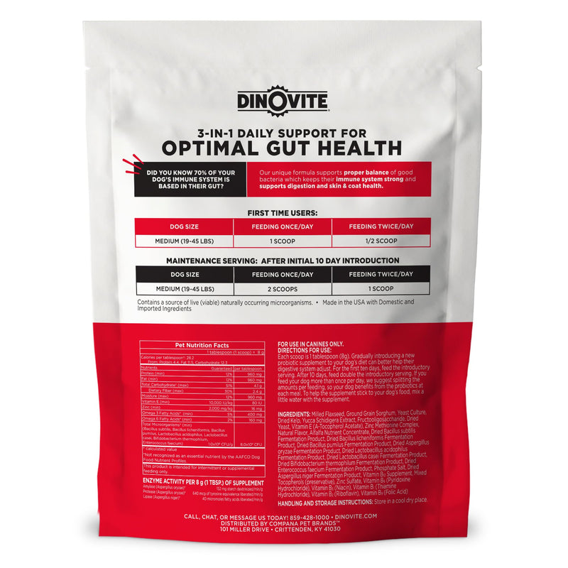 Dinovite Probiotics for Dogs, Probiotic Powder Food Topper for Medium Dogs (18-45 lb), Daily Digestive Health & Skin Support with Omega-3s, 30 Servings Medium Dogs (18-45 lbs) 30 Day Supply