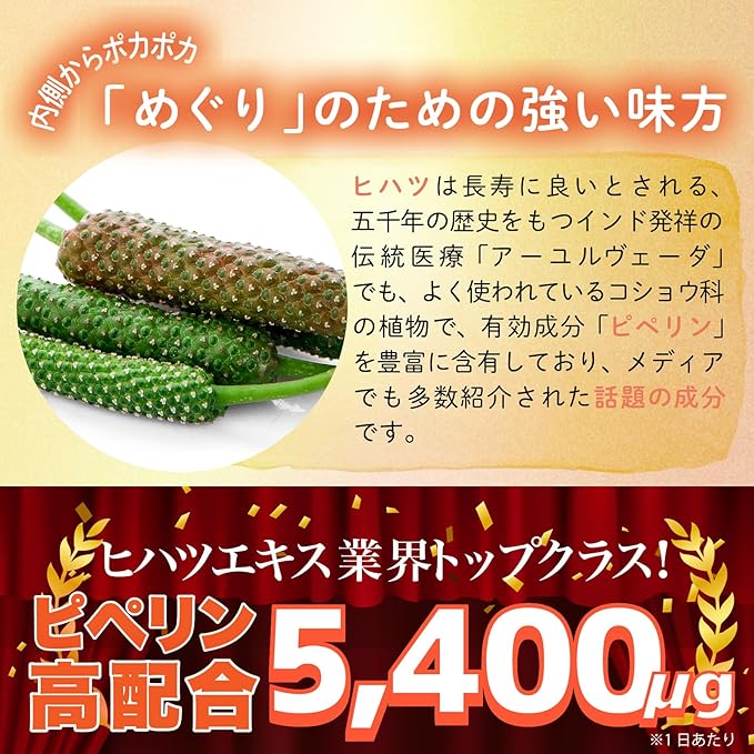 Hihatsu no Hikatsu Hiketsu High Formulation, 360 mg/day of Hihatsu Extract, 5,400 μg/day, Piperine Contains: 10 Carefully Selected Kinds of Pokapoka Ingredients, 60 Tablets, 30 Day Supply, - BeesActive Australia